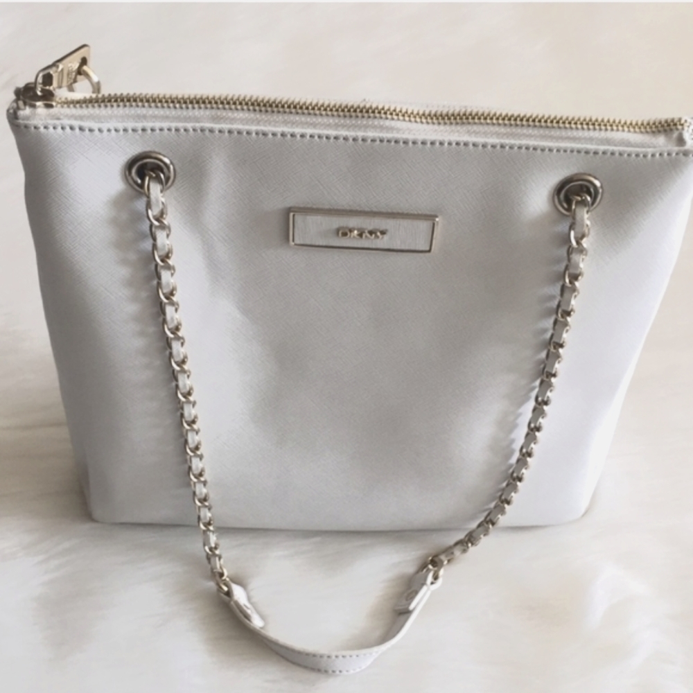 DKNY White Purse With Gold Chain Straps - Picture 1 of 8